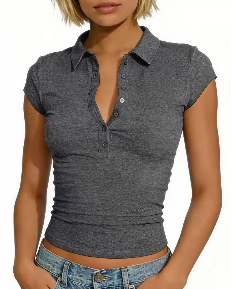 Willluxe® Slim Fit V-Neck Button Up Crop Top