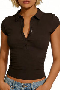 Willluxe® Slim Fit V-Neck Button Up Crop Top