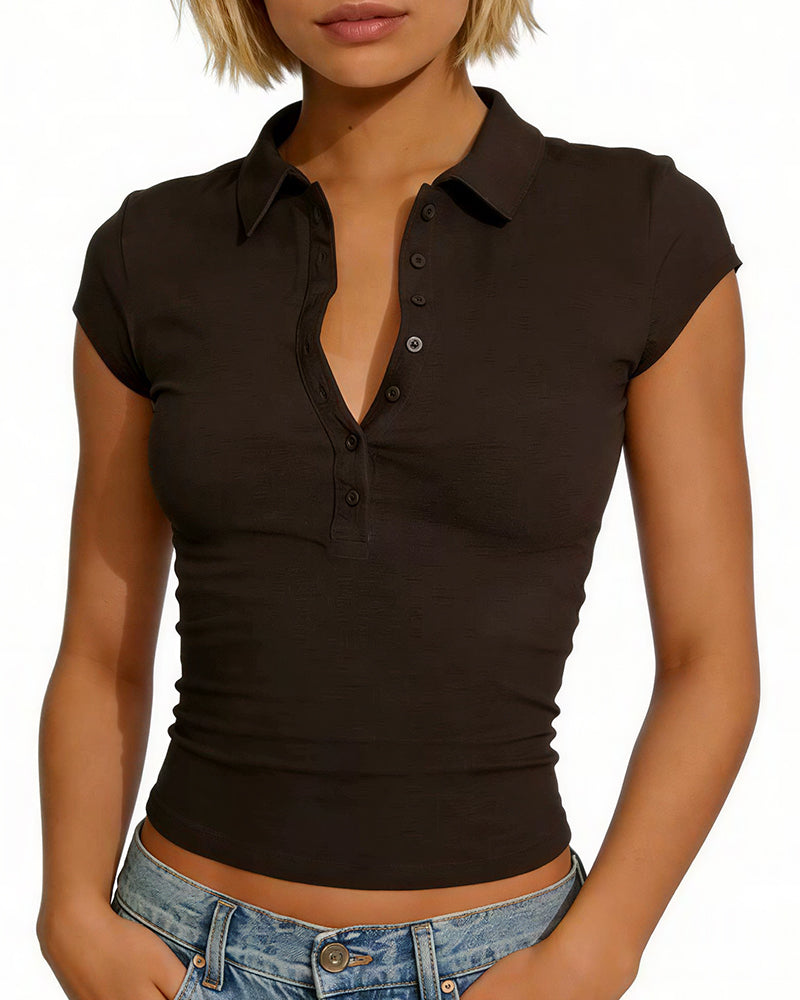 Willluxe® Slim Fit V-Neck Button Up Crop Top