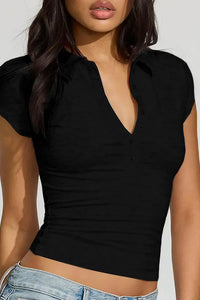 Willluxe® Slim Fit V-Neck Button Up Crop Top