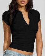 Willluxe® Slim Fit V-Neck Button Up Crop Top