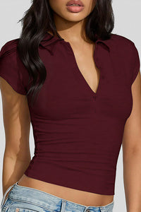 Willluxe® Slim Fit V-Neck Button Up Crop Top
