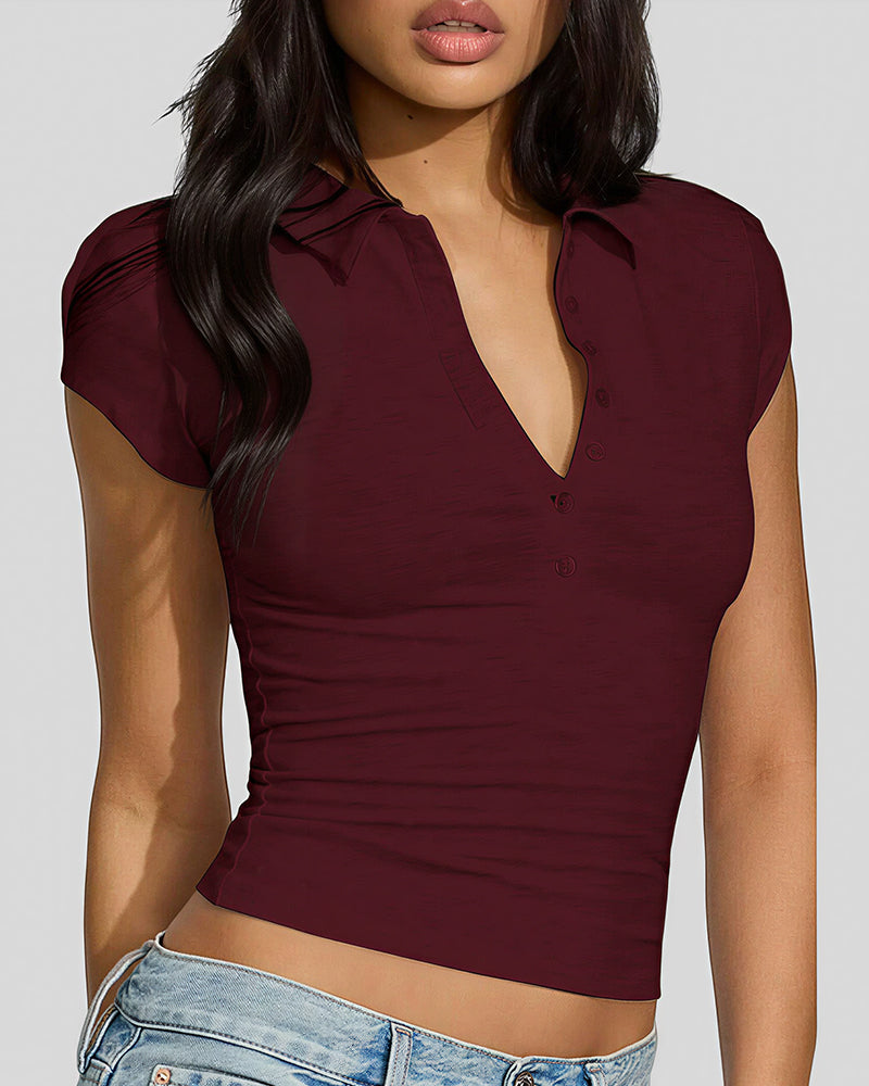 Willluxe® Slim Fit V-Neck Button Up Crop Top
