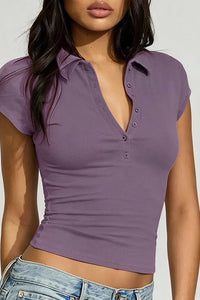 Willluxe® Slim Fit V-Neck Button Up Crop Top
