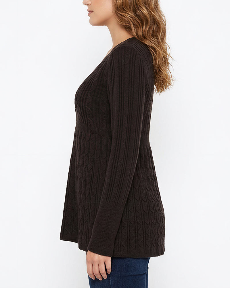 Willluxe® Vintage Cable Knit Deep-V Babydoll Sweater