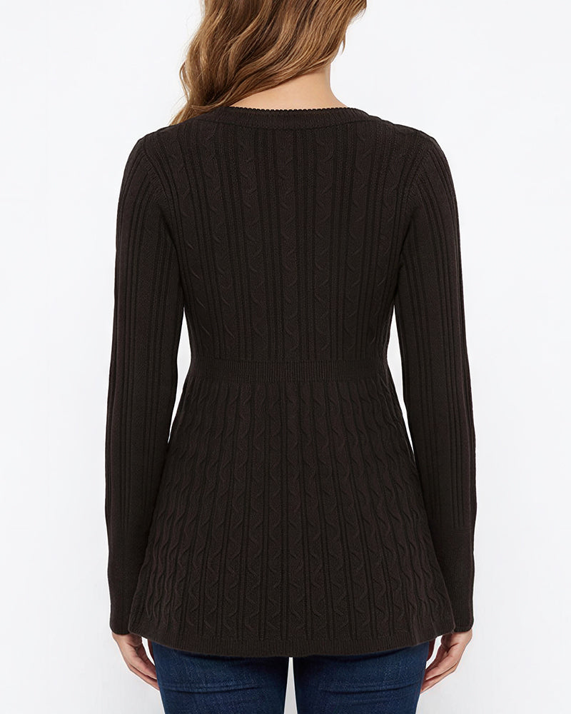 Willluxe® Vintage Cable Knit Deep-V Babydoll Sweater