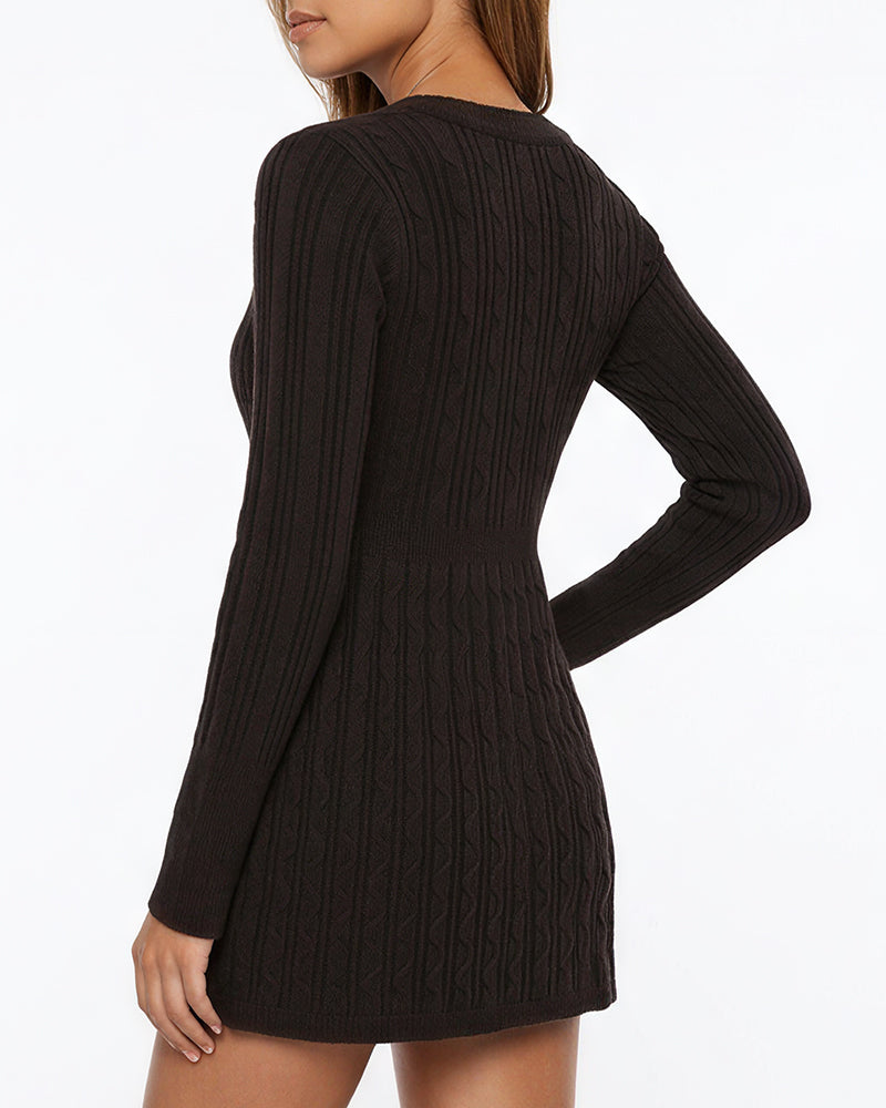 Willluxe® Vintage Cable Knit Deep-V Babydoll Sweater
