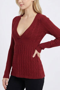 Willluxe® Vintage Cable Knit Deep-V Babydoll Sweater