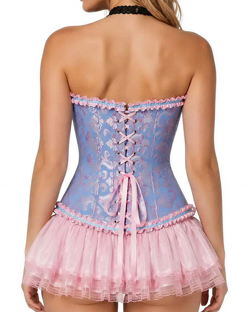 Willluxe® Vintage Floral Brocade Ruffled Corset Bustier Top