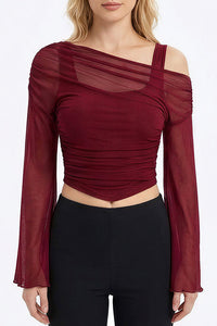 Willluxe® Asymmetrical Ruched Mesh Bell Sleeve Crop Top