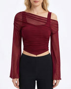 Willluxe® Asymmetrical Ruched Mesh Bell Sleeve Crop Top