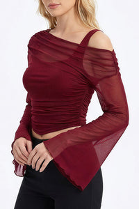 Willluxe® Asymmetrical Ruched Mesh Bell Sleeve Crop Top