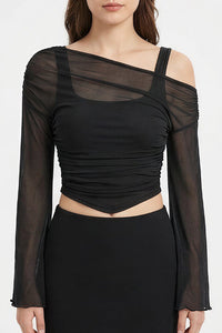Willluxe® Asymmetrical Ruched Mesh Bell Sleeve Crop Top