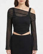 Willluxe® Asymmetrical Ruched Mesh Bell Sleeve Crop Top