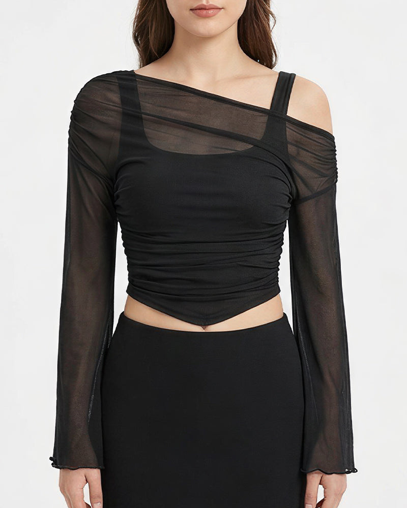 Willluxe® Asymmetrical Ruched Mesh Bell Sleeve Crop Top