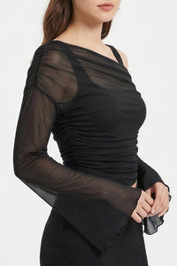 Willluxe® Asymmetrical Ruched Mesh Bell Sleeve Crop Top