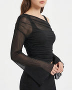 Willluxe® Asymmetrical Ruched Mesh Bell Sleeve Crop Top