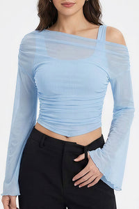 Willluxe® Asymmetrical Ruched Mesh Bell Sleeve Crop Top