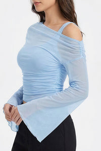 Willluxe® Asymmetrical Ruched Mesh Bell Sleeve Crop Top