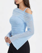 Willluxe® Asymmetrical Ruched Mesh Bell Sleeve Crop Top