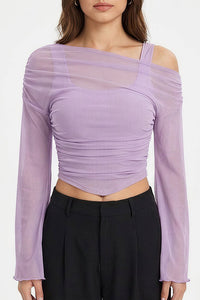 Willluxe® Asymmetrical Ruched Mesh Bell Sleeve Crop Top