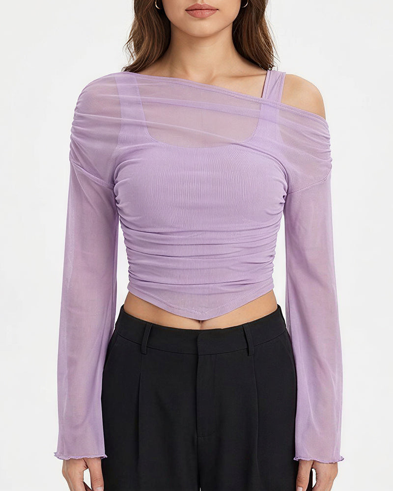 Willluxe® Asymmetrical Ruched Mesh Bell Sleeve Crop Top