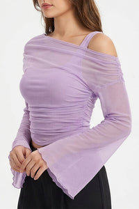 Willluxe® Asymmetrical Ruched Mesh Bell Sleeve Crop Top