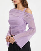 Willluxe® Asymmetrical Ruched Mesh Bell Sleeve Crop Top