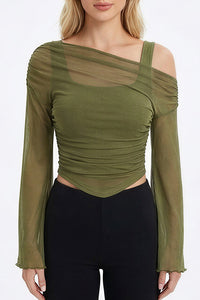 Willluxe® Asymmetrical Ruched Mesh Bell Sleeve Crop Top