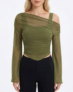 Willluxe® Asymmetrical Ruched Mesh Bell Sleeve Crop Top