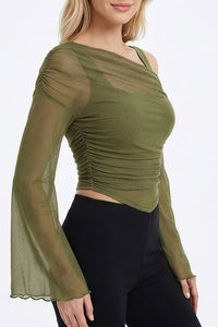Willluxe® Asymmetrical Ruched Mesh Bell Sleeve Crop Top