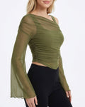 Willluxe® Asymmetrical Ruched Mesh Bell Sleeve Crop Top
