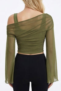 Willluxe® Asymmetrical Ruched Mesh Bell Sleeve Crop Top