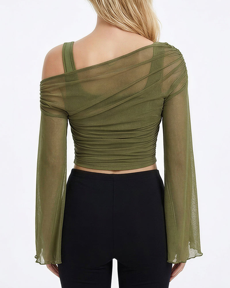 Willluxe® Asymmetrical Ruched Mesh Bell Sleeve Crop Top