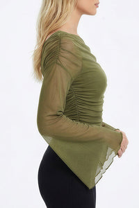 Willluxe® Asymmetrical Ruched Mesh Bell Sleeve Crop Top