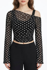 Willluxe® Asymmetrical Ruched Mesh Bell Sleeve Crop Top