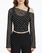 Willluxe® Asymmetrical Ruched Mesh Bell Sleeve Crop Top