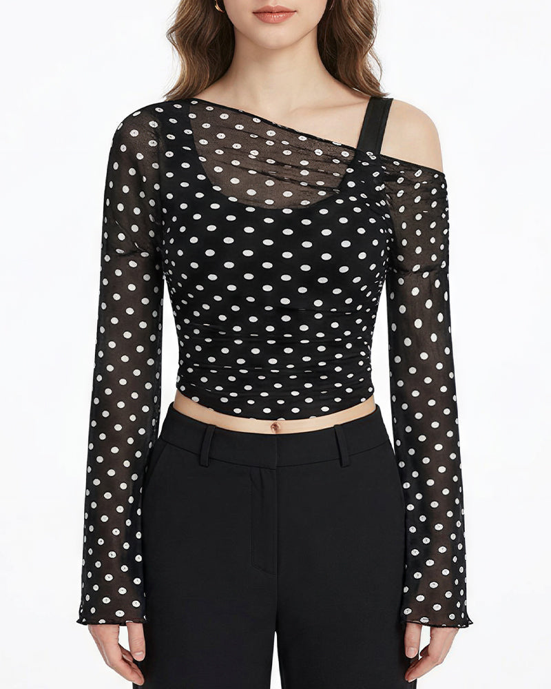 Willluxe® Asymmetrical Ruched Mesh Bell Sleeve Crop Top