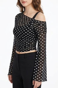 Willluxe® Asymmetrical Ruched Mesh Bell Sleeve Crop Top