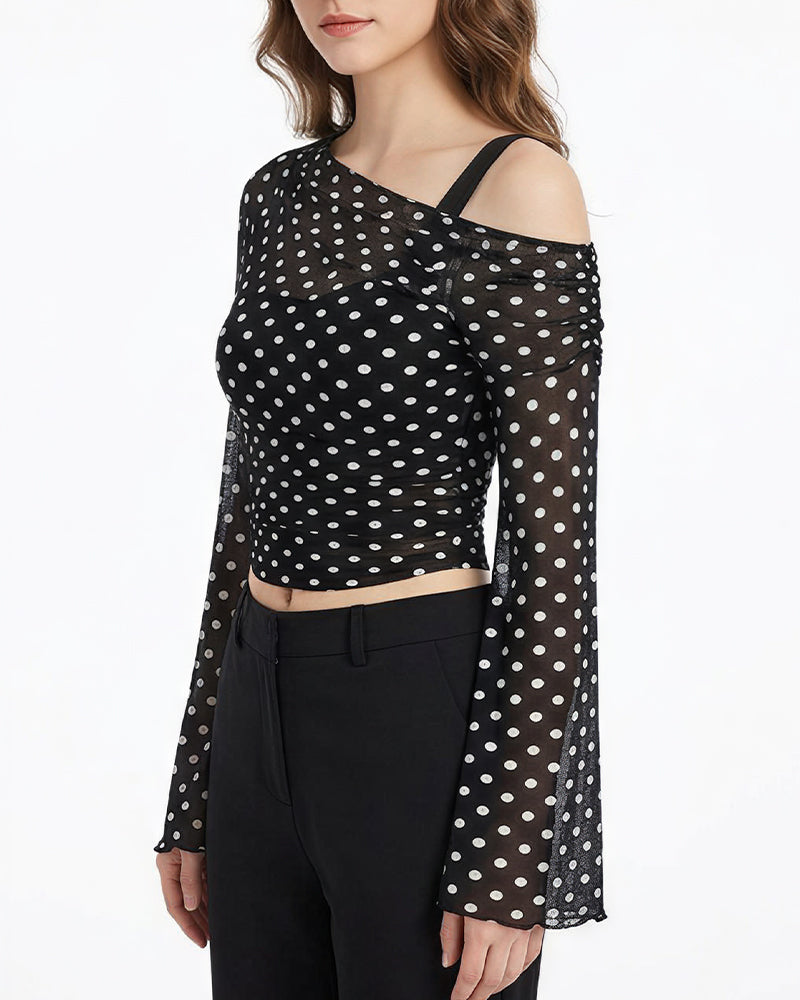 Willluxe® Asymmetrical Ruched Mesh Bell Sleeve Crop Top