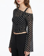 Willluxe® Asymmetrical Ruched Mesh Bell Sleeve Crop Top