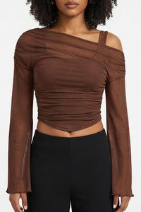 Willluxe® Asymmetrical Ruched Mesh Bell Sleeve Crop Top