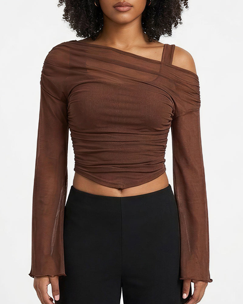 Willluxe® Asymmetrical Ruched Mesh Bell Sleeve Crop Top