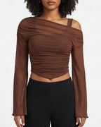 Willluxe® Asymmetrical Ruched Mesh Bell Sleeve Crop Top