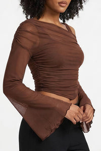 Willluxe® Asymmetrical Ruched Mesh Bell Sleeve Crop Top