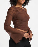 Willluxe® Asymmetrical Ruched Mesh Bell Sleeve Crop Top