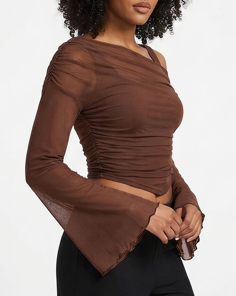Willluxe® Asymmetrical Ruched Mesh Bell Sleeve Crop Top