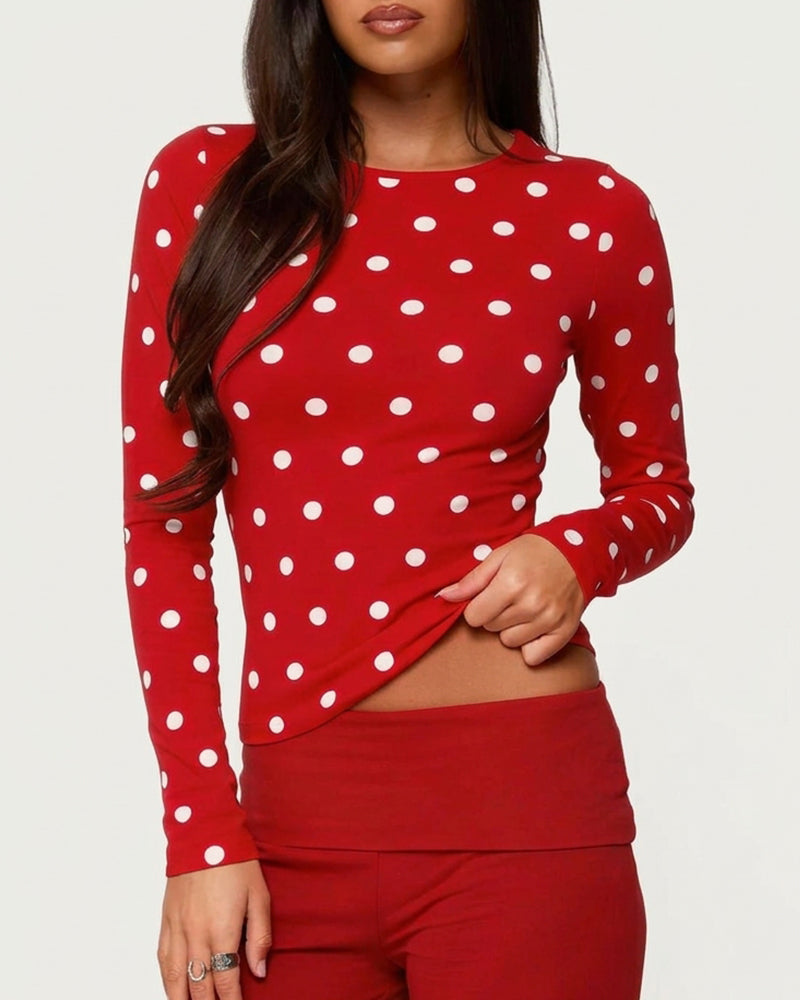 Willluxe® Retro Polka Dot Slim Fit Long Sleeve Top
