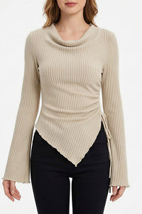 Willluxe® Asymmetrical Ruched Cowl Neck Ribbed Long Sleeve Top