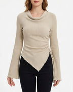 Willluxe® Asymmetrical Ruched Cowl Neck Ribbed Long Sleeve Top